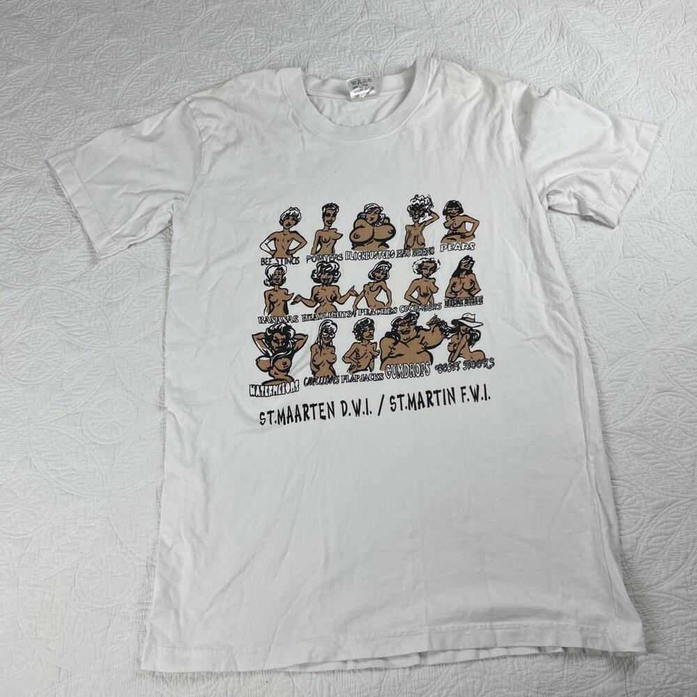 Vtg 90s Boob Types Shirt XL Funny Crude Joke Sex Cartoon Grunge St Maarten Biker